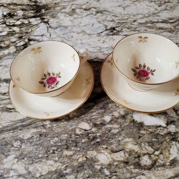 Lenox Rhodora Fine China Set Cup & Saucers P471 Pink Rose Gold Leaf - Picture 4 of 9